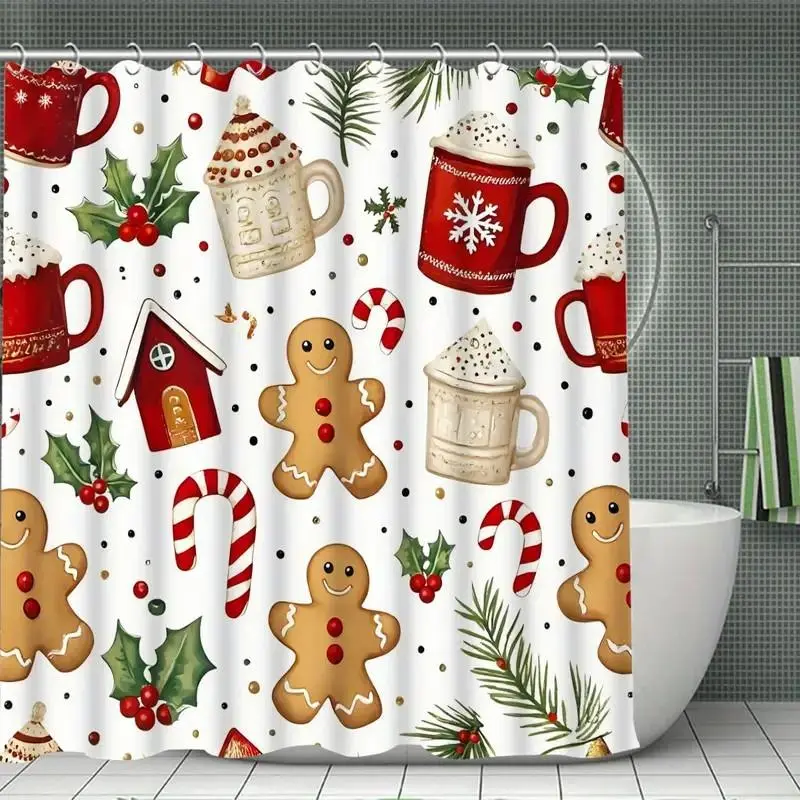 1/4 pcs Christmas gingerbread man themed shower curtain set with rugs, festive design, non-slip floor mat, U-shaped carpet, toilet seat cover, perfect for bathroom decoration, partition, Bathroom Decoration Accessories, 12 shower curtain hooks included