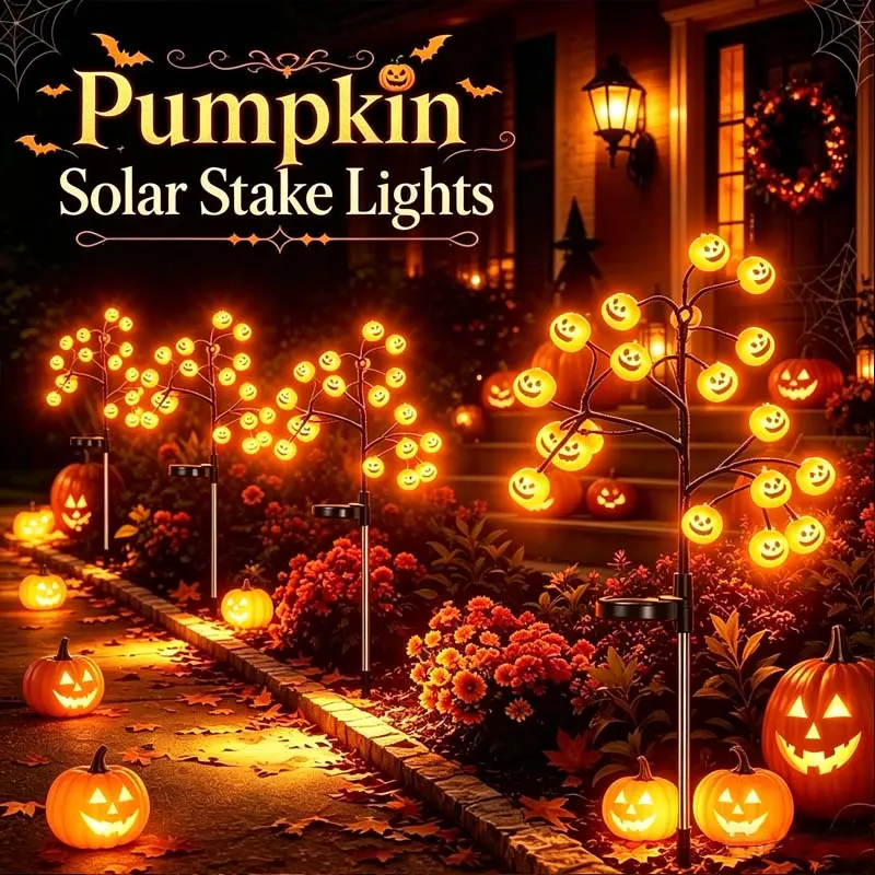Solar Pumpkin Stake Lights, 20-Head Halloween Garden Lights with 8 Lighting Modes & Auto On/Off – Waterproof LED Pumpkin Pathway Lights, Outdoor Halloween Decorations for Yard, Lawn, Driveway, Walkway, Patio, 2/4 Pack