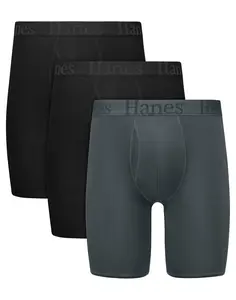 Hanes Originals Men's SuperSoft Long Leg Boxer Brief Underwear, Total Support Pouch, Assorted, 3-Pack