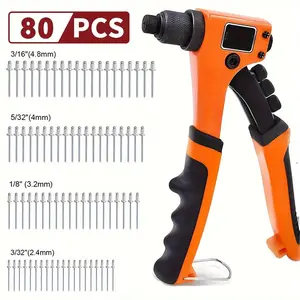 Manual Rivet Gun Kit, 80pcs/set Rivet Nuts & 4 Counts Rivet Heads, Professional Car Repair Tool for Metal, Plastic & Leather Hardware Industrial Heavy Duty Portable