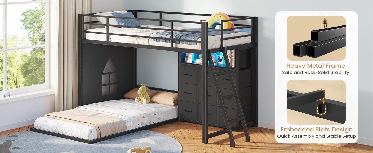 Hasuit Twin Over Twin Bunk Bed with 9 Storage Drawers, Twin Bunk Beds for Kids with LED Lights and Charging Station