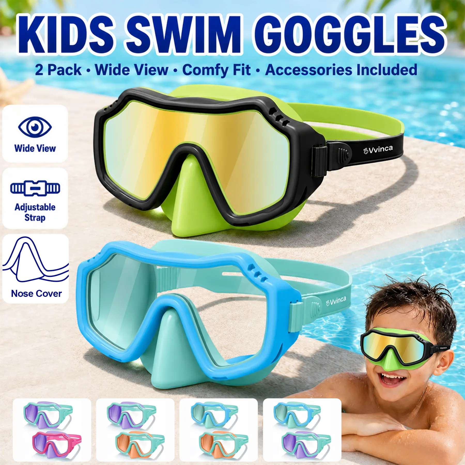 [BackToSchool] Vvinca 2 Pack Kids Swim Goggles with Nose Cover for 3-15,Kids,Youth,UV Protection Anti-Fog Shatterproof Waterproof Diving Mask for Boys and Girls - Safety anti-uv swimming goggles swim glass anti-fog for Lake,Beach, Summer Party
