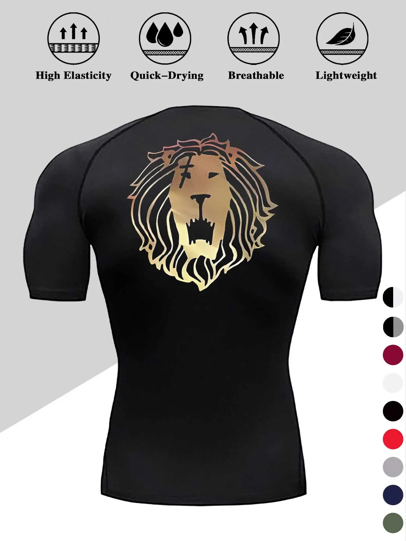 Men's Quick-Dry Compression Sports Tee, Lion Print Short Sleeve, Breathable Sweat-Wicking Fabric, Ideal for Gym Cycling Running Outdoor