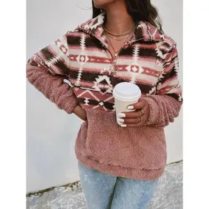 Women's Thick Fuzzy Polar Fleece Outerwear - Lady's Colorblock Geometric Print, Drop Shoulder, Zipper-Up, Collared Longsleeves, Fitted Casual Top, Fall & Winter Daily Boho Coats