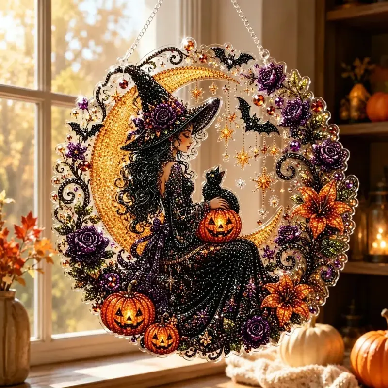9.84 inches Halloween Diamond Painting Hanging Ornament Kit, Witch, Ghost, Ghost Reading, Black Cat, Pumpkin, Happy Halloween Acrylic Diamond Art Suncatcher, DIY Rhinestone Craft for Adults & Kids, Spooky Window Wall Decor Gift