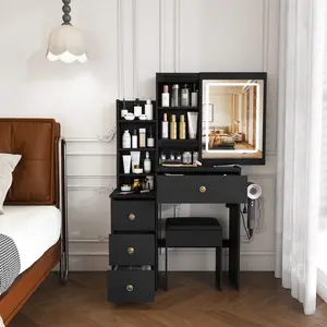Modern Makeup Vanity Desk with 4 Drawers & Multi Open Shelves, 3-Mode Adjustable LED Mirror, Built-in Power Socket & Hair Dryer Holder, Includes Dressing Chair for Bedroom