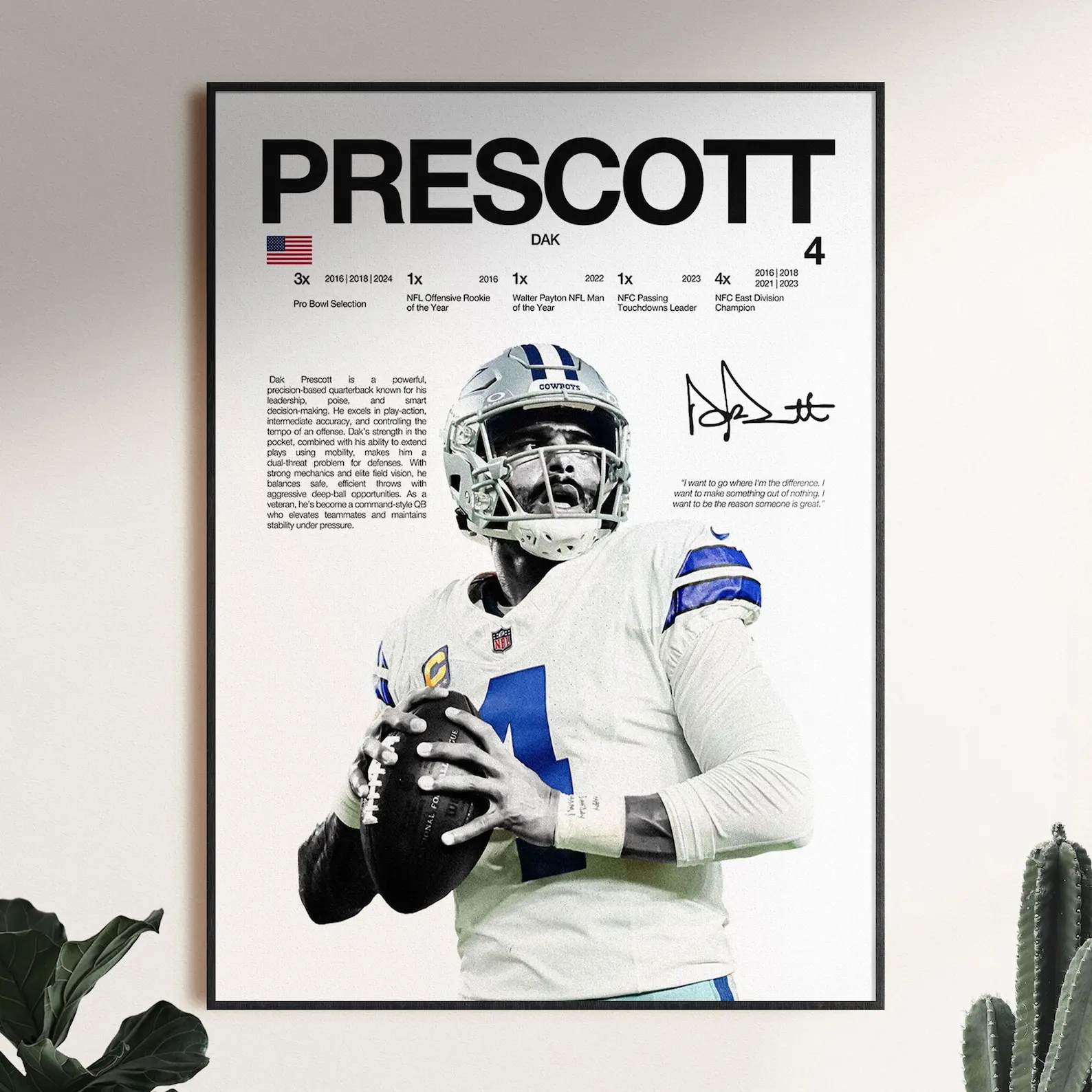 Dak Prescott Poster, American Football Wall Print, Sports Decor, Gift for Fans (Unframed)