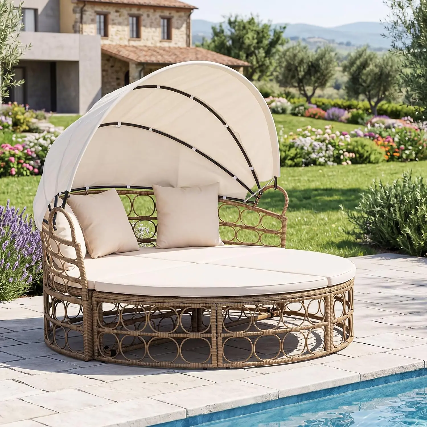 Vallmore Outdoor Round Wicker Daybed with Retractable Gas-Strut Canopy, 800 lbs Per Section, 4 Cushions + 3 Pillows, Zippered Washable Covers, Converts to Sectional Seating for Patio, Poolside