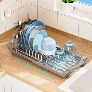 Expandable Dish Drying Rack for Sink or Countertop - Compact Stainless Steel Dish Drainer with Removable Utensil Holder, Rustproof Plate Rack for Small Kitchen Spaces, Grey