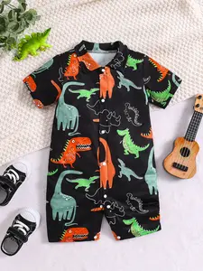 Cartoon Full Print Dinosaur Onesie Summer Short Sleeve Cute Crawling Suit Newborn Baby Bodysuit Round Neck Flat Pants