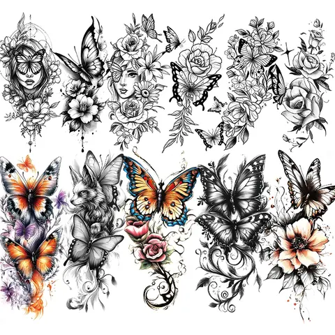 11 Sheets Peony Rose Butterfly Flower Temporary Tattoos For Women Adults Thigh, 3D Butterfly Fake Tattoos Girls Arm Sleeve, Realistic Watercolor Floral Temp Tattoo Sticker Tatoos Neck