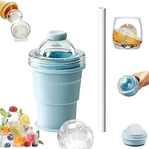 Foldable Ice Cube Cup With Ice Cube Tray - 2026 New Reusable Portable Ice Sphere Mold with Straw & Lid, Easy Demolding, Leakproof Travel Tumbler for Coffee, Juice, Home, Gym, Outdoor