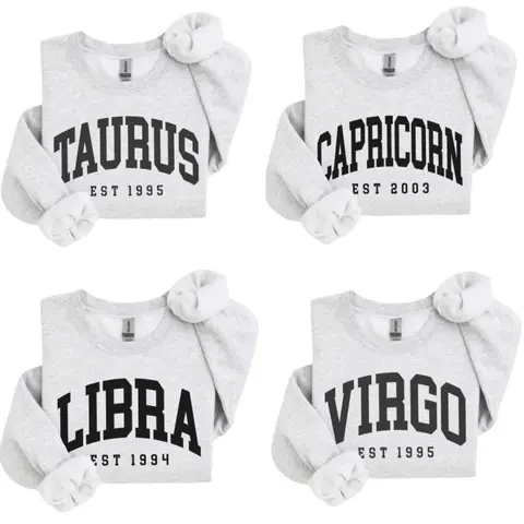(LEAVE A NOTE) Custom Zodiac T-Shirt/ Sweatshirt with Est Year, Cute Horoscope Astrology Graphic Tshirt/ Sweatshirt, Unisex Crewneck Shirt/ Sweatshirt, Personalized Zodiac Energy Gift for Birthday, Star Sign Lovers, Celestial Sweatshirt - AL
