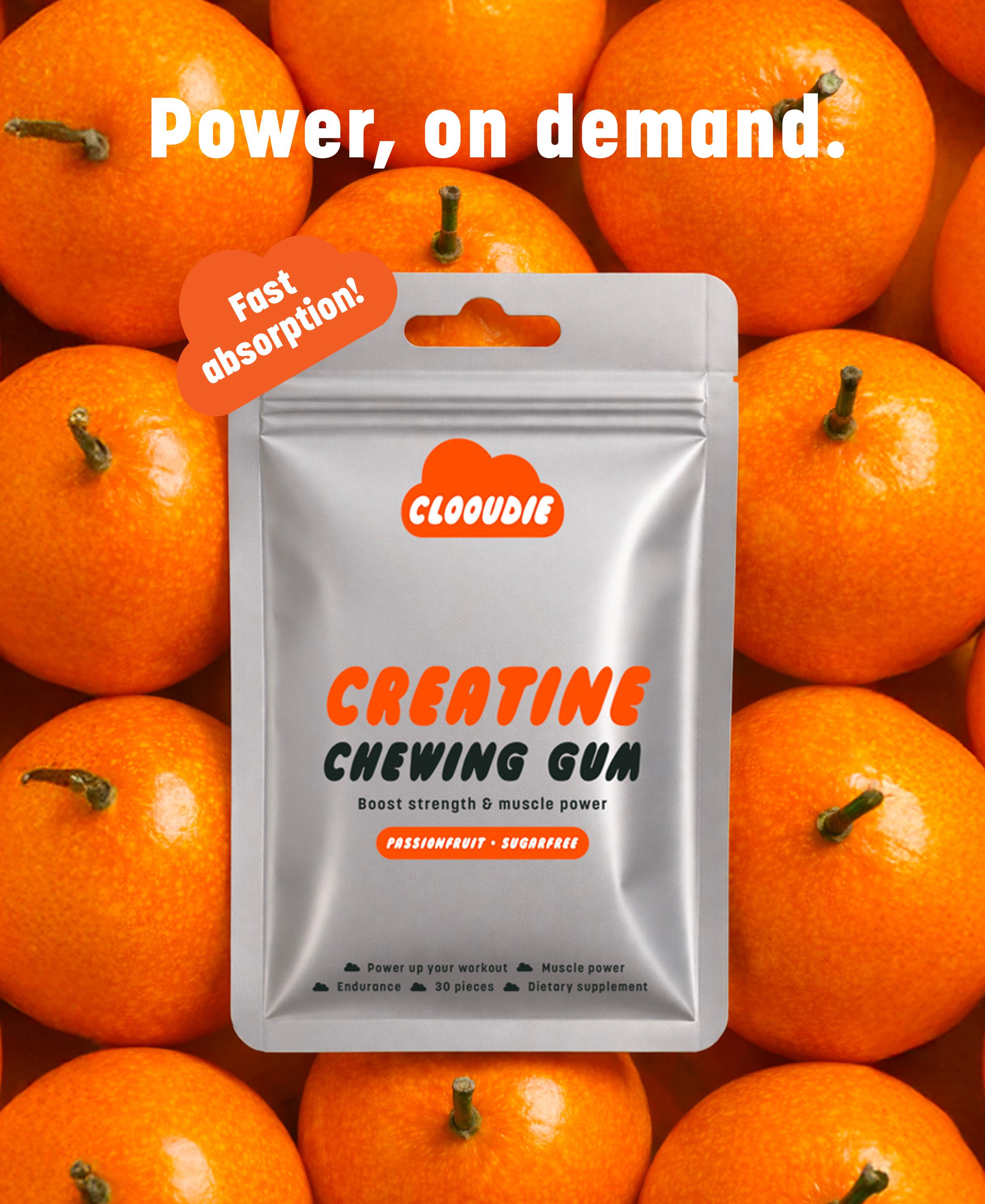 Clooudie Creatine Chewing Gum, Passionfruit Flavor, 30 Gum, Workout Power Up, Energy System & Muscle Support, Endurance & Output, Dietary Supplement, Sugar Free