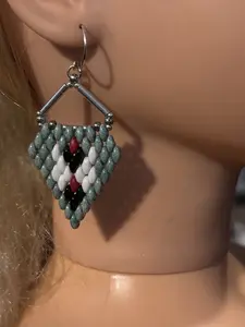 Black, white, red and turquoise Beaded Indian Arrowhead Beaded Earring