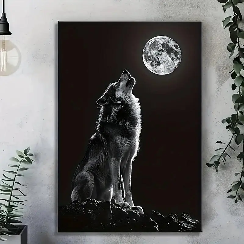 Black White Howling Wolf Full Moon Canvas Wall Art, Wild Animal Night Nature Print, Moody Rustic Man Cave Bedroom Decor Unframed Canvas Poster or Framed Canvas Wrap