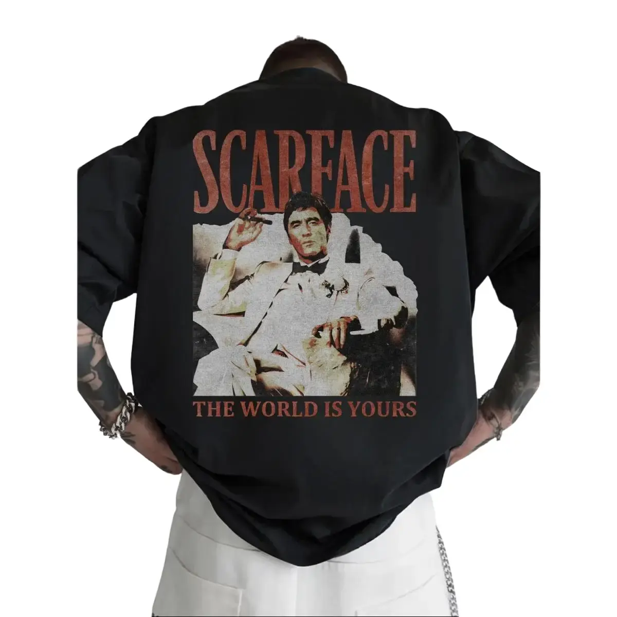 2026 New Boxy Fit Tee 100% Premium Cotton[Hot Streetwear Item] Scarface "The World Belongs to You" Retro Distressed Print Oversized Black Short-Sleeve Shirt - Retro movie pattern hip-hop aesthetic, unisex, Y2K Pre-shrunk Streetwear Basics Vintage Inspired
