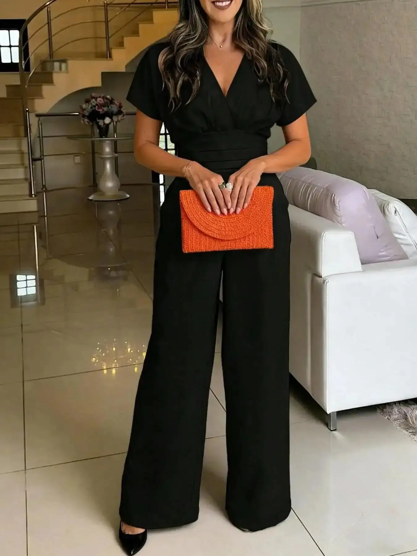 Women's Solid Color Short Sleeve Wide-Leg Jumpsuit, Fit, Surplice V-Neck & Keyhole Back Design, Drapey Breathable Woven Fabric, Ideal for Office Work, Cocktail Party Daily Wear, Chic With Pockets wardrobe staple year