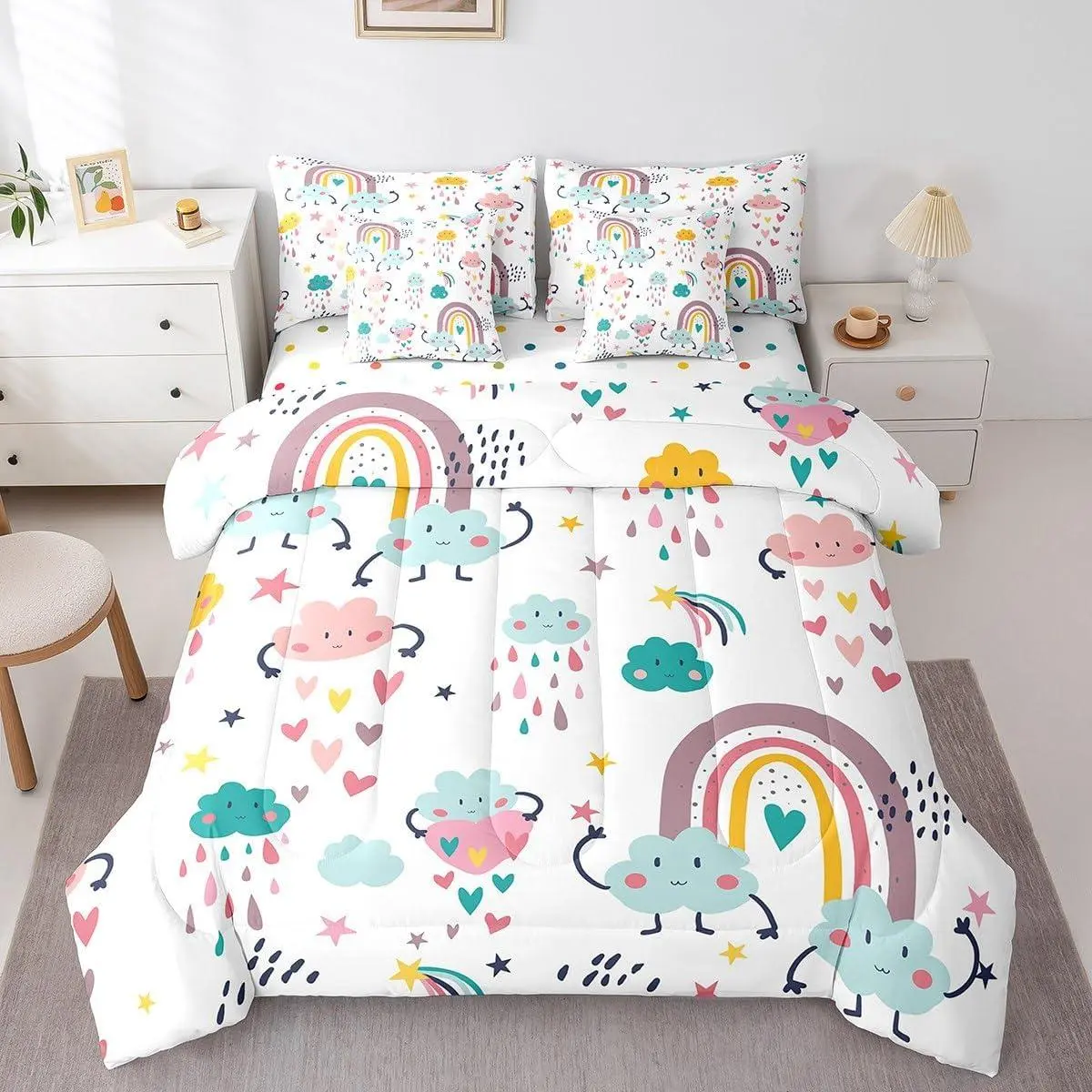 Rainbow Comforter Set 7 Piece Bed in a Bag,Cartoon Clouds Bedding Sets Sun and Stars Comforter and Sheet Set,Rainbow Hand Drawn Kawaii Room Decor