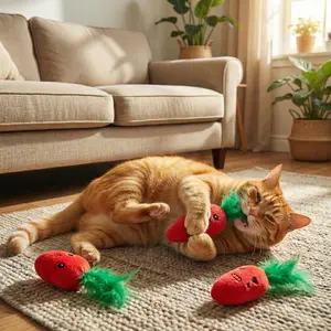 Catnip Toys for Indoor Cats 3 Pack, Plush Carrot Kicker Toy with Real Feathers, Soft Kitten Chewing Teething Toys for Bunny Kicks, Silent Interactive Play for Boredom Relief