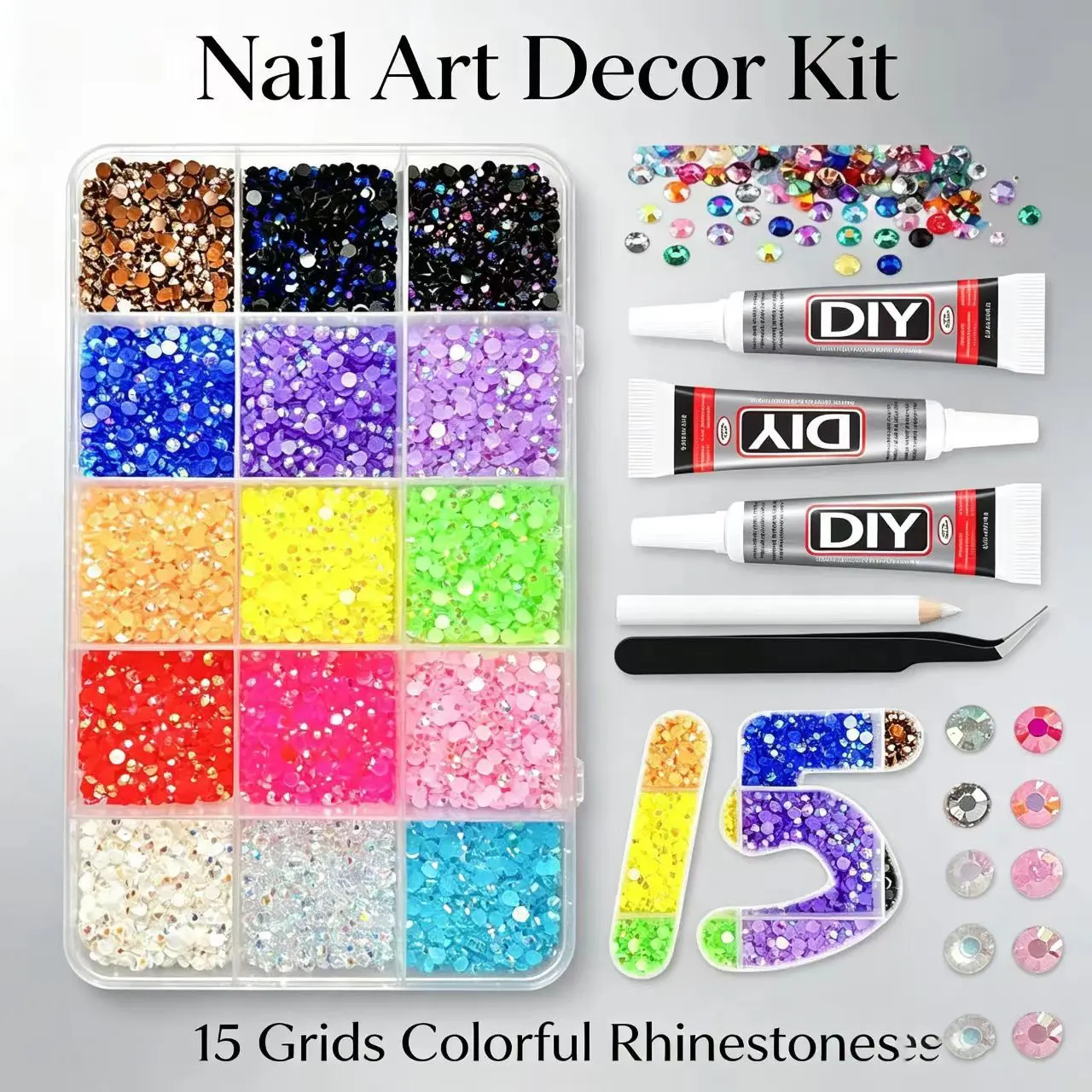 15 Color Nail Art Rhinestone Set, Round Flat Back Water Drills, Ab Colorful Nail Accessories, 3500+ Pcs Multi-Color Nail Rhinestones, Flatback Round Glass Crystals, 15 Shades Mixed Size Nail Art Gems with Storage Box &DIY Tool Kit for Manicure Decorations