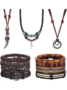 11Pcs Mens Trendy Jewelry Set - Adjustable Leather Bracelets and Necklace With Tribal Double Circle Pendant - Black Brown Handmade Braided Accessories