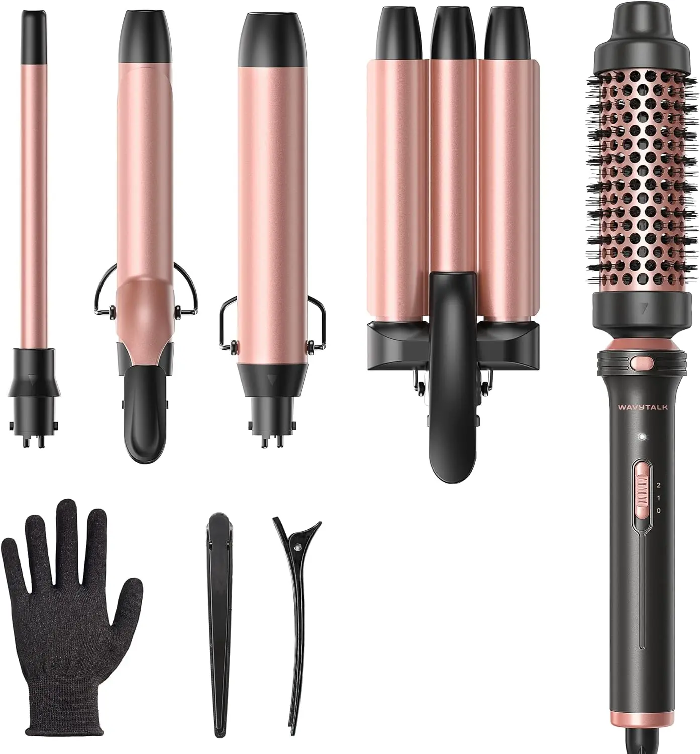 Wavytalk 5 in 1 Curling Wand Set, 0.5-1.25" Barrels& Thermal Brush& Crimper | 5 Interchangeable Ceramic Curling Irons, Dual Voltage Curling Iron, 30s Fast Heating & Safe Styling