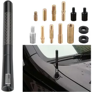 Carbon Fiber Car Short Antenna, 4.7 Inch American Flag Vehicle AM/FM Radio Reception Antenna, Patriotic Auto Replacement Accessories with 9 Adapters, 2 Screws, 2 Rubber Rings (Black)