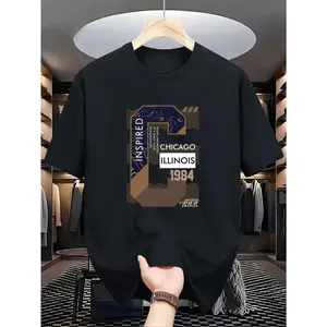180G Pure Cotton Single-Sided Printed Round Neck Short Sleeve T-Shirt, Men's Casual Round Neck T-Shirt with Chicago Illinois 1984 Inspiration Print, Knitted Fabric, Slightly Elastic, Formal Wear, Summer Fashion Top, Suitable for Daily Wear Crewneck Tshirt