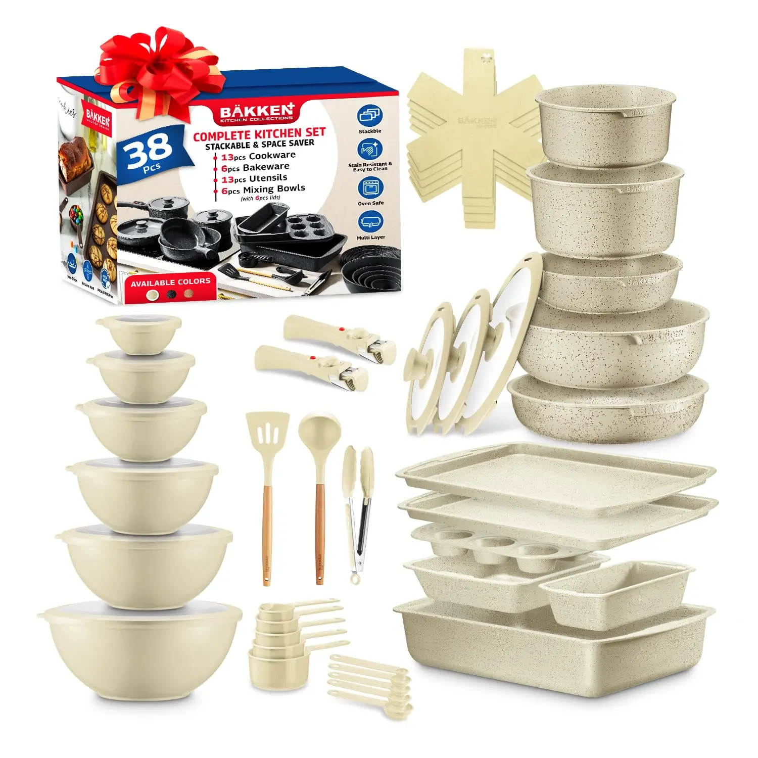 Bakken Master - 38 Piece Granite Cookware and Bakeware Set, Non-Stick Granite Coating, Pots and Pans with Detachable Handles and Glass Lids