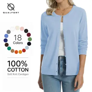 QUALFORT Women's 100% Cotton Crew Neck Cardigan, Classic Long-Sleeve Button-Down Lightweight Knitwear for Business Casual Summer Outfits