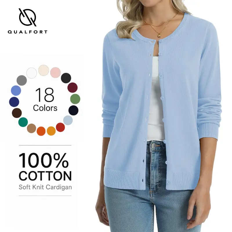 QUALFORT Women's 100% Cotton Lightweight Cardigan Sweater, Long Sleeve Crew Neck Button-Front Casual Top, Regular Fit Medium Stretch Solid Color Knit, Breathable All-Season Layer for Office, Travel & Everyday Outfits