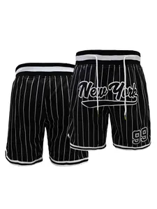 Yankees Striped Loose Fit Breathable Fabric Pants, Letter Number Embroidery, Unisex Streetwear Basketball Shorts, Outdoor Workout Shorts, Streetwear Sports Shorts, Athletic Shorts Casual