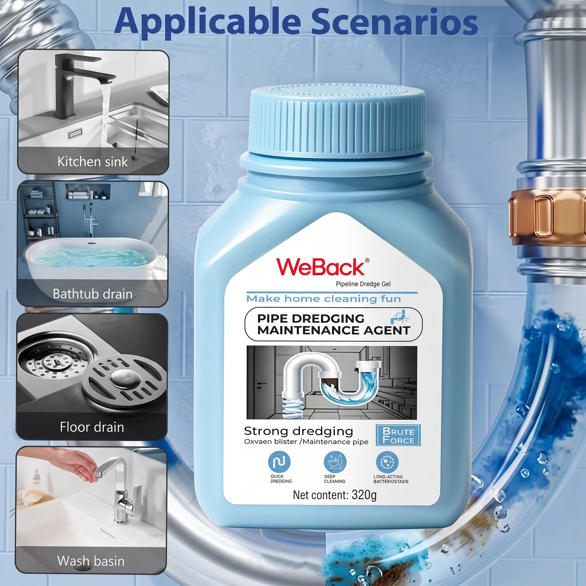 WeBack Safety-Grade Extra Strong Drain Opener - Kitchen Cleaning Product, Unclogs Fast, Bacterial Kill, Deodorizes Drains, Safe for Household Kitchen & Bathroom Sink Plumbing