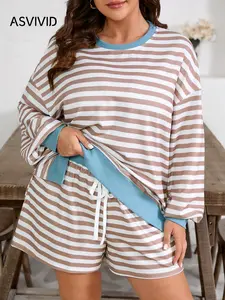 【Plus Size】Striped Knit Two-Piece Matching Set Contrast Edge Drop Shoulder Pullover and Shorts Set, Casual Chic Round Neck Long Sleeve Pullover & Pocket Shorts, Women's Spring & Fall Outfits