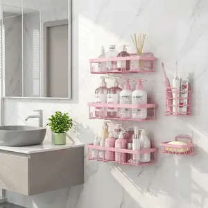 Pink Bathroom Organizer Set (5-Pack) - Stainless Steel Rust-Proof Waterproof Stick-On Racks, No Drilling, Large-Capacity Classic Eco-Friendly Minimalist Design with Toothbrush & Soap Holders, Bathroom Decor, Shower Organizer