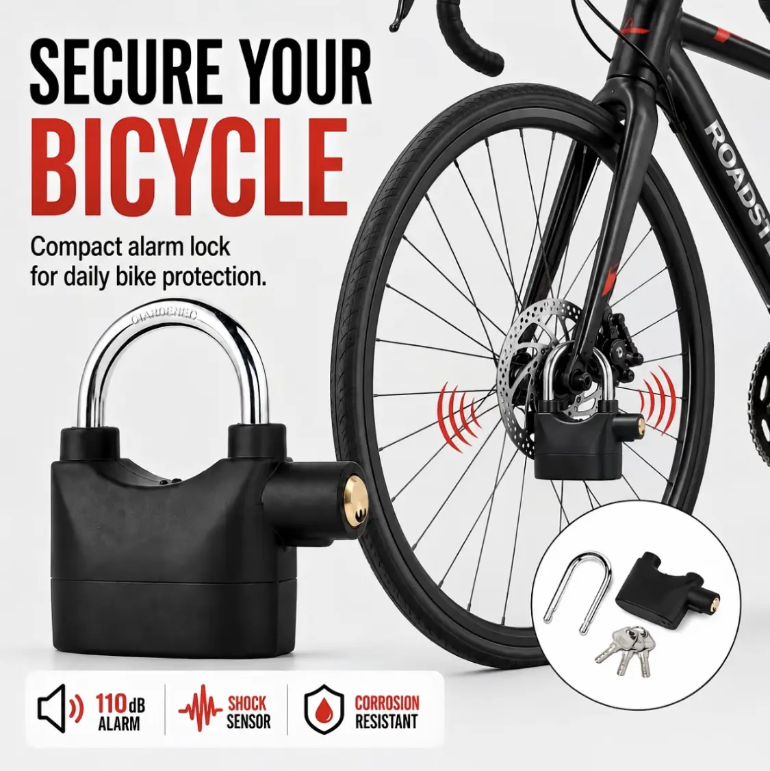 110dB Alarm Padlock, Heavy-Duty Anti-Theft Steel Lock with 3 Keys, Security Lock for Bicycles & Motorcycles, Garage, Fence & Storage Use