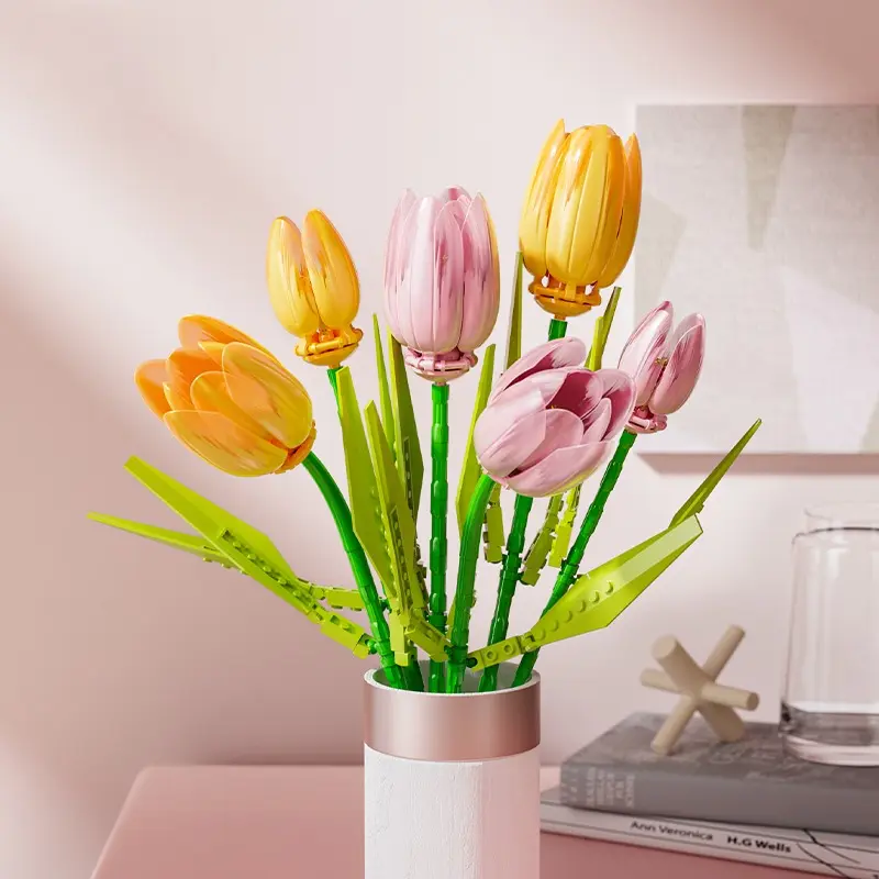 collectibles Tulip Building Block  Bouquet - Adjustable Brick  - No Watering Needed - Yellow & Pink - 88mm x 55mm x 142mm - 100% Pollen-Free & Allergy Friendly gift flower series Decor Decorative figure christmas Toy set blocks display