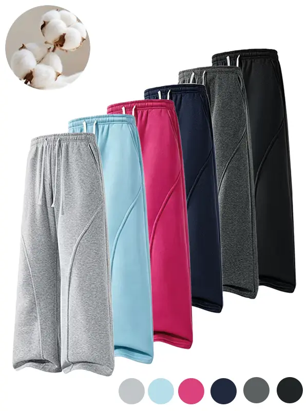 Men’s fleece-lined warm sweatpants, loose oversized fit, drawstring waist, casual long pants; suitable for autumn and winter, commuting to school and everyday wear, trendy men’s apparel.