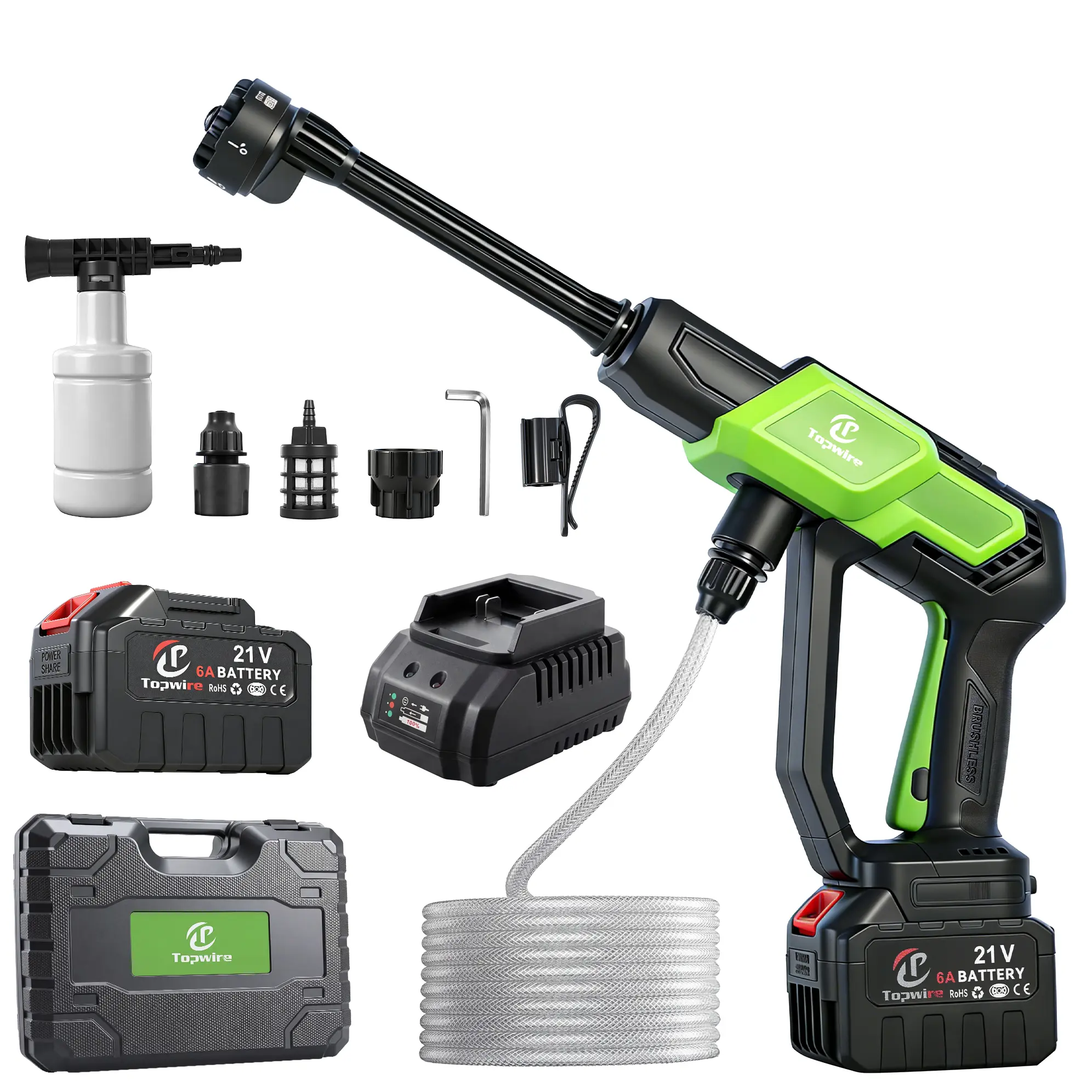 Topwire 21V Rechargeable Cordless Portable Pressure Washer with Wand, 1200 PSI Brushless Motor, 6-in-1 Nozzle, 6.0Ah Battery, 3-Speed Settings for Car, Patio, Rechargeable Pressure Washers