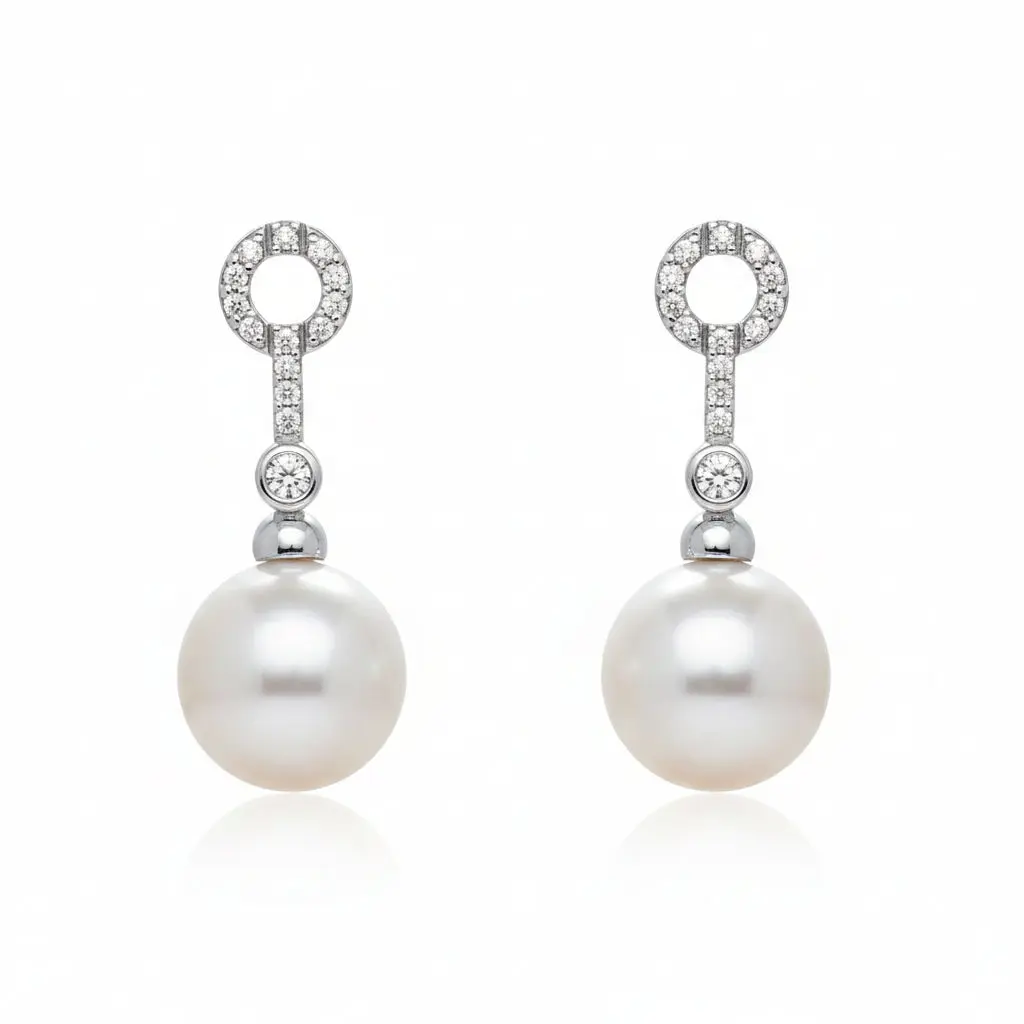 South Sea Pearl & Diamond Dangle Earrings – 18k White Gold