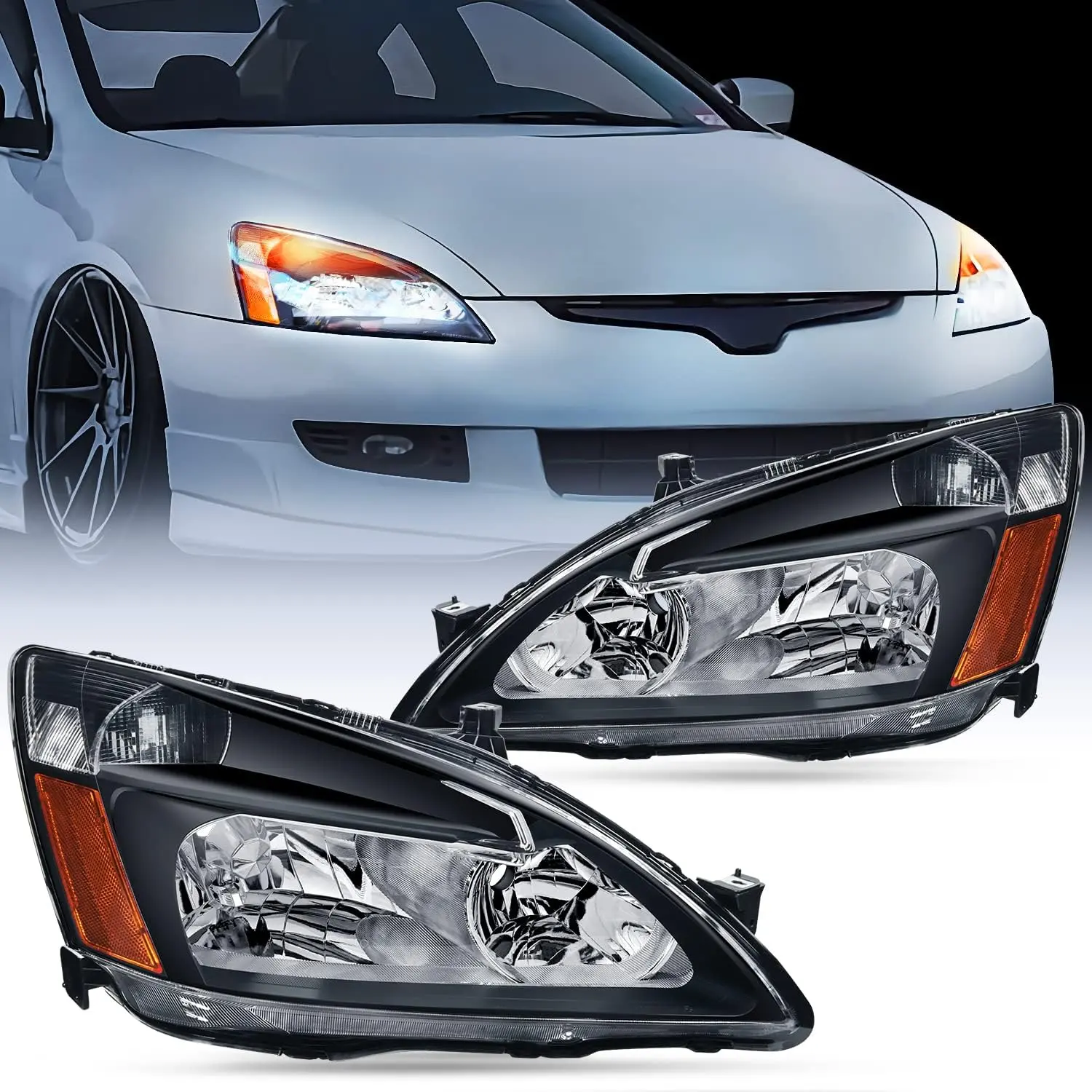 Nilight Headlight Assembly with Headlight Bulbs - Waterproof Replacement Headlamp for 2003-2007 Accord, Black Housing, Amber Reflector, Headlight Waterproof