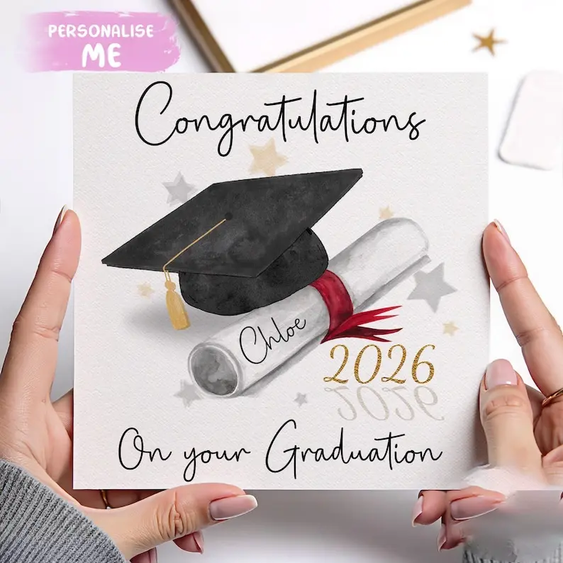 Personalised Congratulations Graduation Card with Cap & Scroll Custom Ribbon Color 5” x 7” Flat Single-Sided Printed Card with Envelope Options for Special Occasions