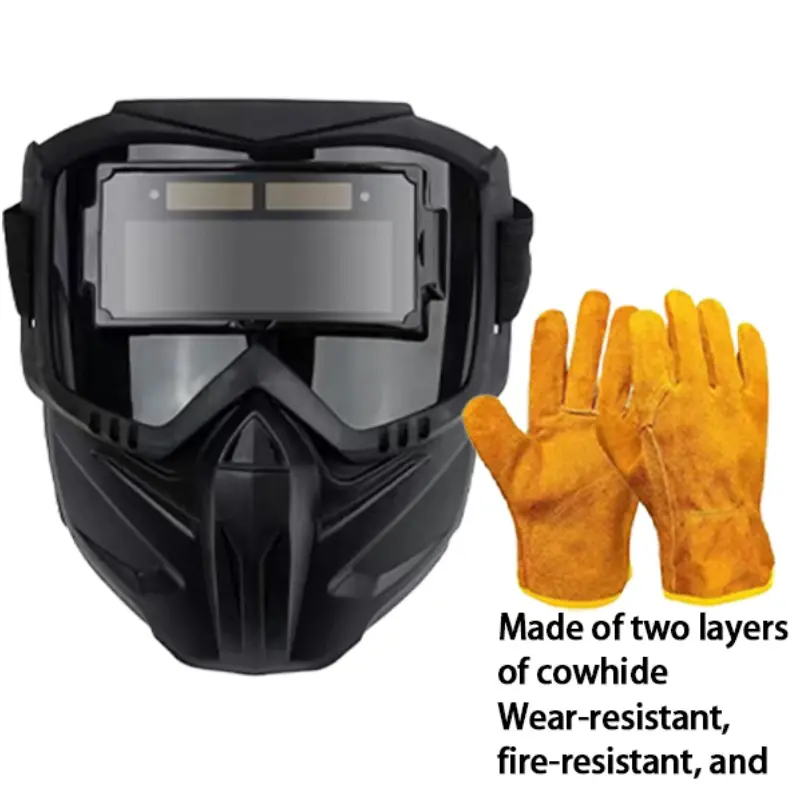Welding Helmet and Gloves 2-Piece Set Auto Darkening Full Face Cowhide Leather Breathable Dust-Proof Neck and Shoulder Protection for Welding Woodworking Hard Hat Storage Hard Hat Badges