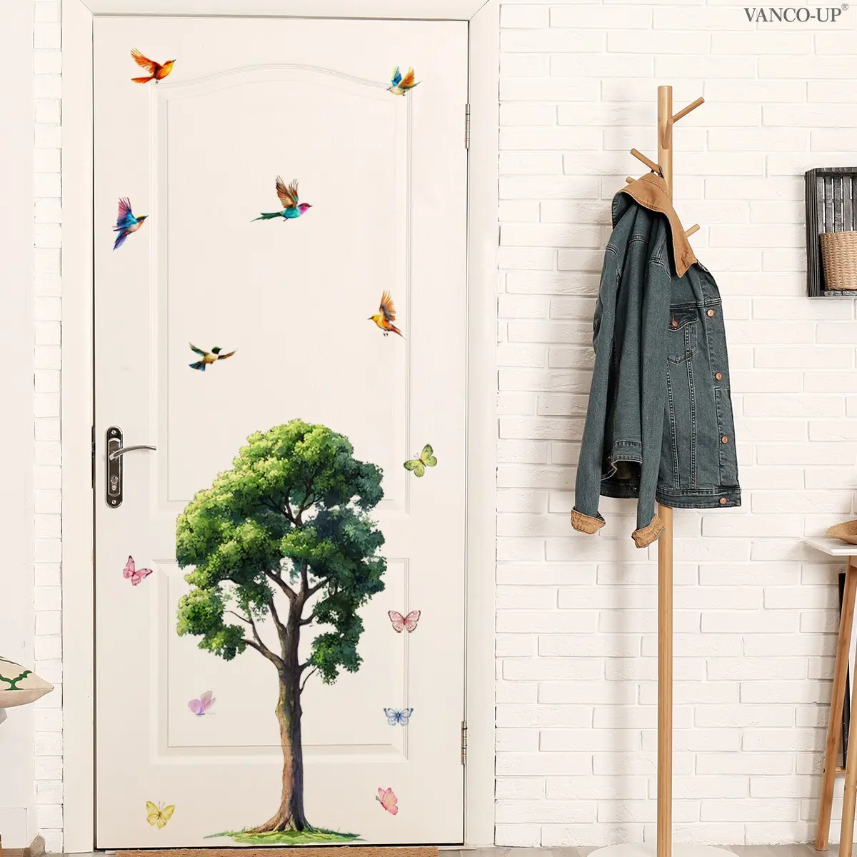 Hand-Drawn Spring Farmhouse Oak Tree Bird Wall Stickers, 30x60cm Self-Adhesive Home Decor, Living Room Corridor Bedroom Background Decorative Decal M21340-YC