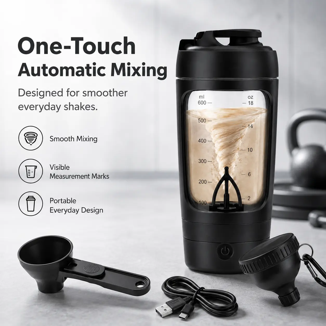 630-milliliter electric protein shaker—a rechargeable, self-stirring shaker with a Tritan bottle and a removable, easy-to-clean protein powder stirrer, ideal for the gym, workouts, travel, and everyday use