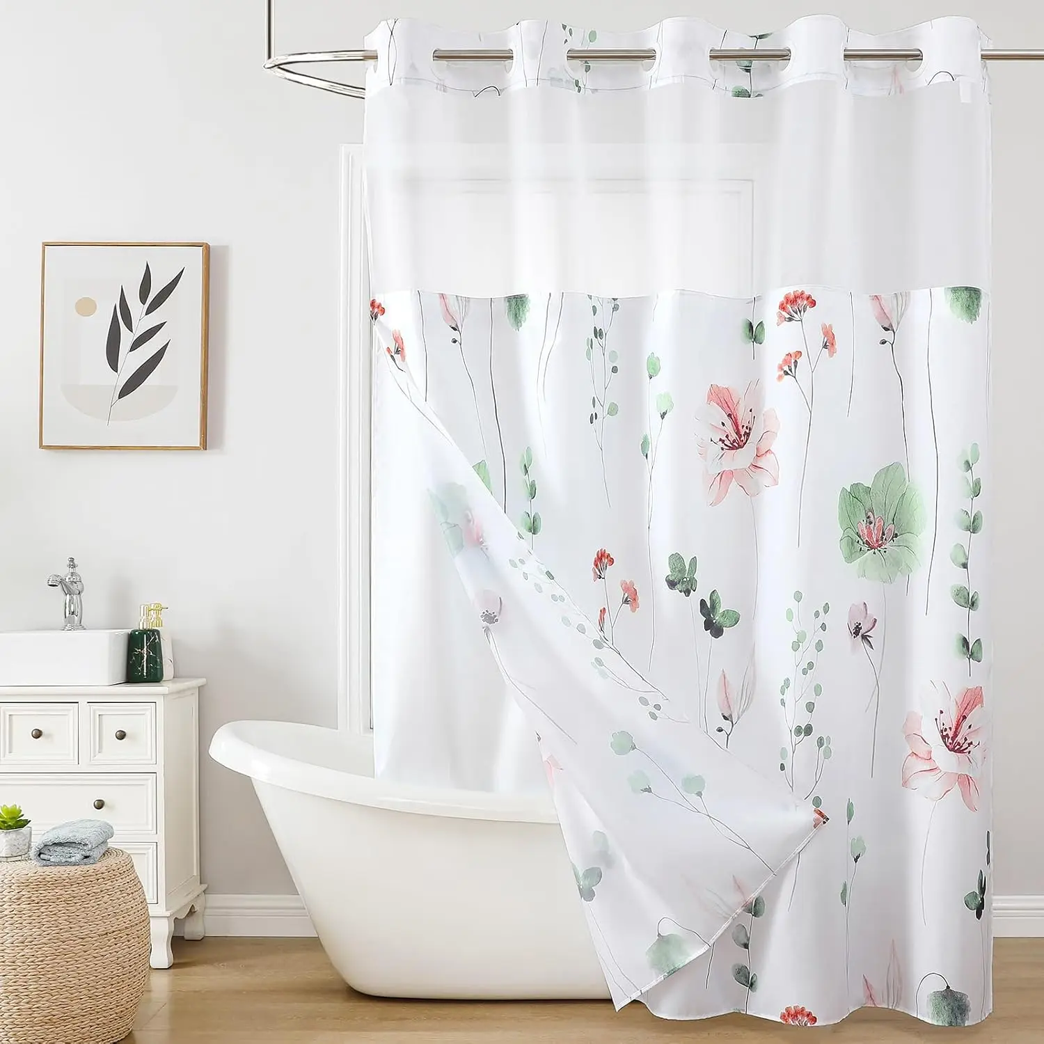 QiyI Waterproof Polyester Watercolor Flowers Shower Curtain Set with Snap-in Liner, Sage Green & Pink Cloth, No-Hook, Mesh Top Window, Iron-Friendly, Easy Installation, Lightweight, Washable, 72x75 in