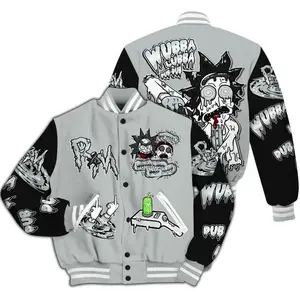 Varsity jacket to match black wolf grey 12s — Wubba Rick drip all-over print baseball jacket, stylish unisex streetwear outerwear, anime-inspired baseball jacket — cool otaku streetwear, hip-hop varsity jacket