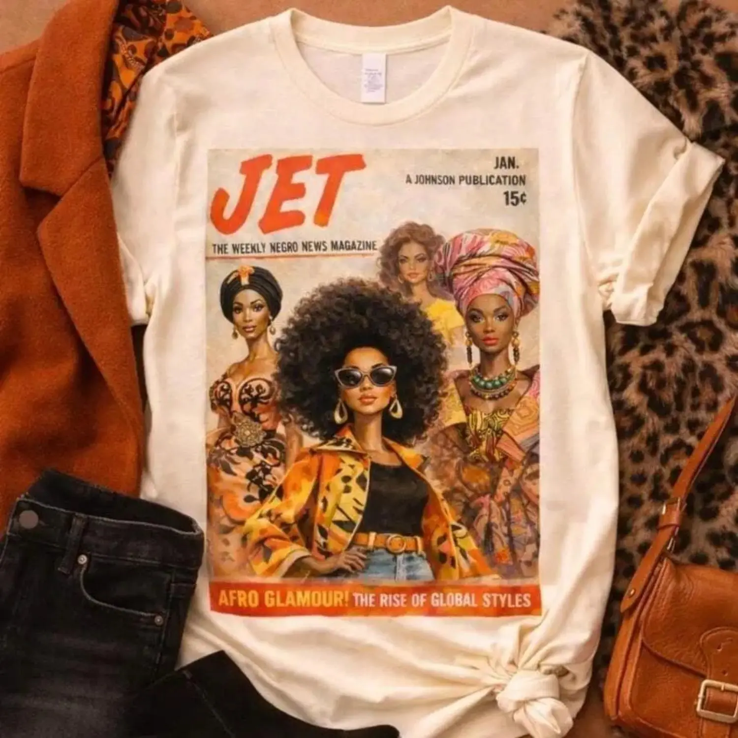Afro Glamour Vintage Magazine Cotton T-shirt for Women Artistic Fashion Afrocentric Fall Graphic Tee R