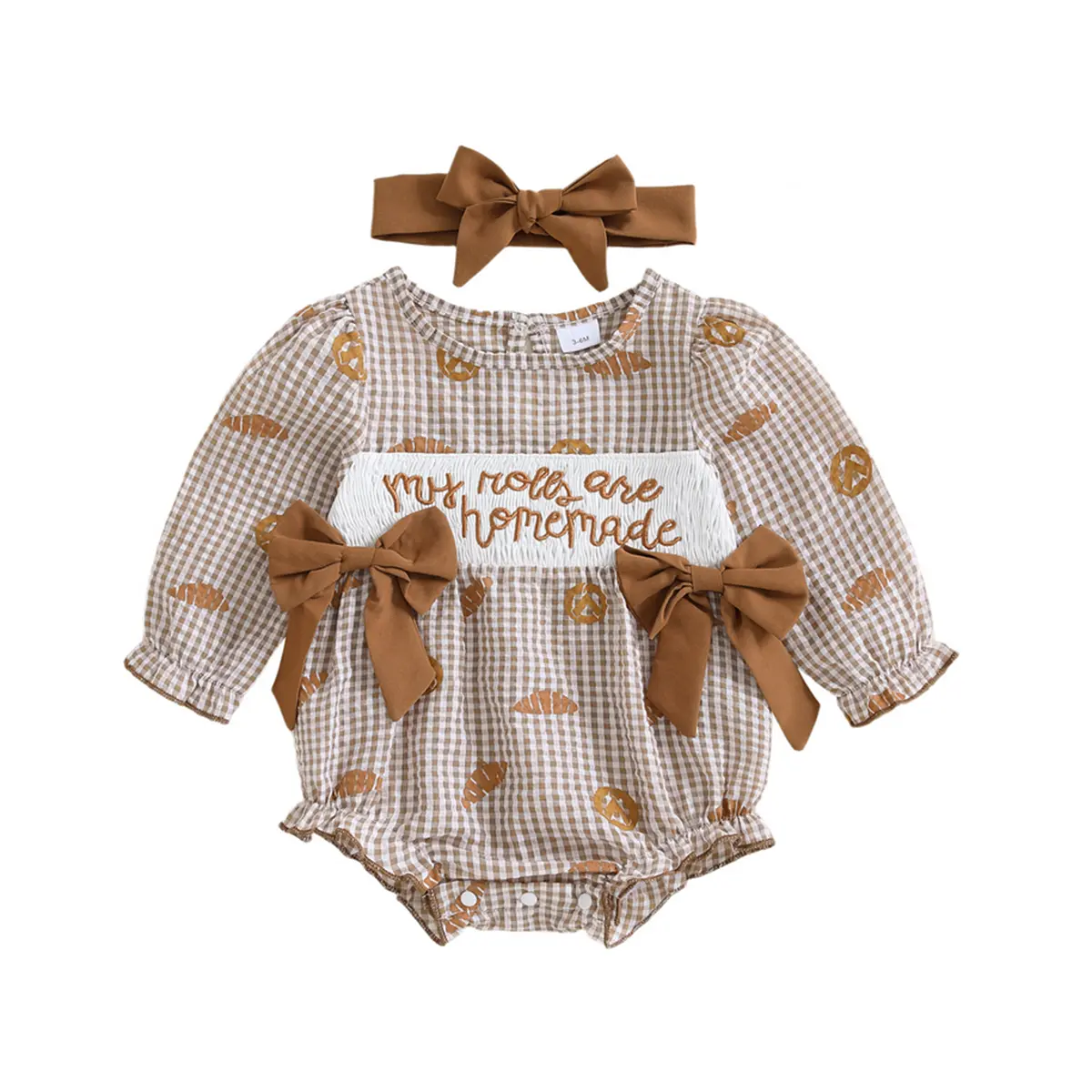 Baby Girls Cotton-Blend Smocked Bubble Romper & Headband Set - 'My Homemade Rolls' Long Sleeve, Crew Neck, Button Closure, Ruffles, Above the Knee Toddler Outfit for Thanksgiving Baking Bread, Fashion Apparel, Polyester